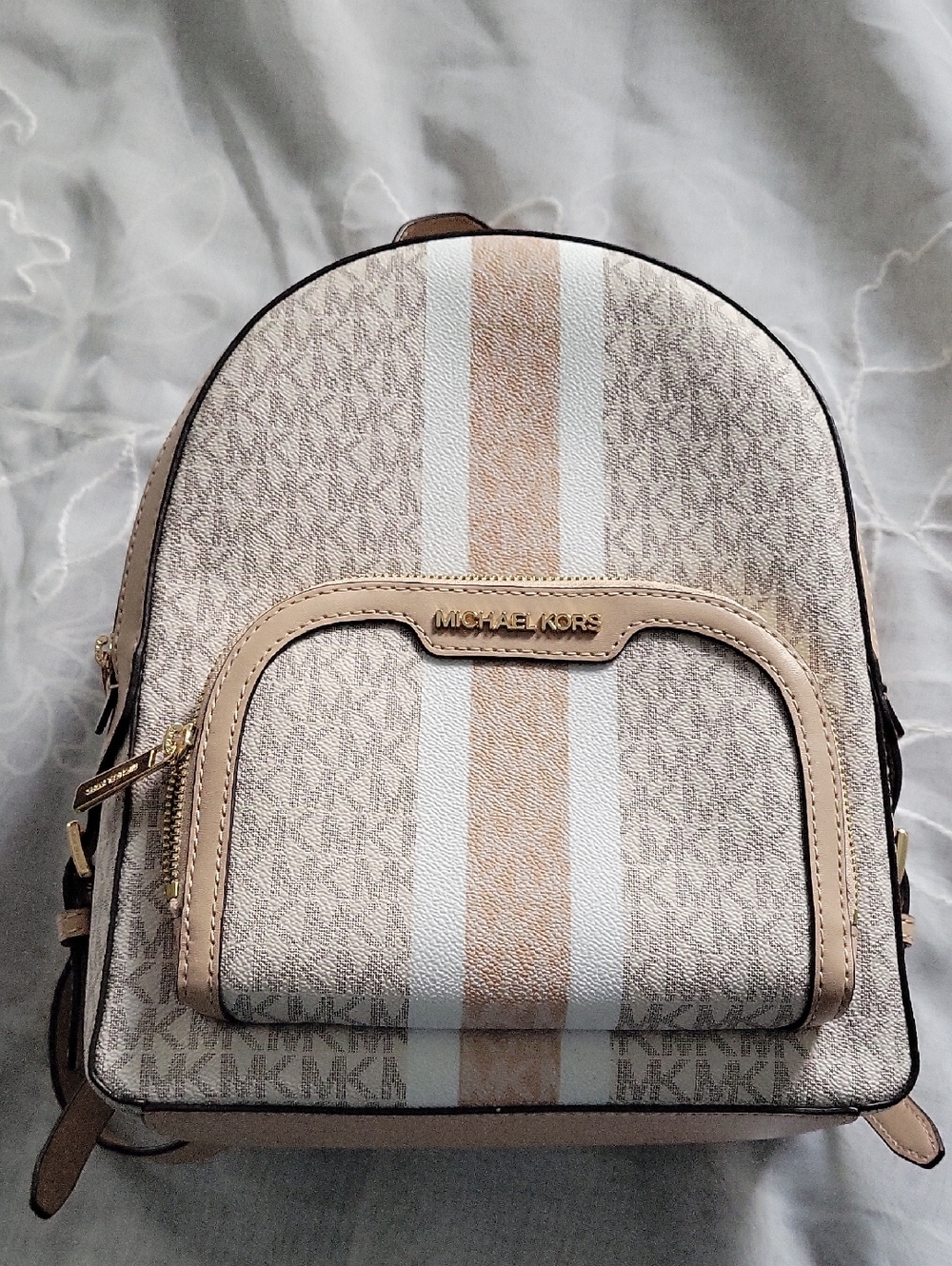 Michael Kors Jaycee Beige & White Signature Stripe Mini Backpack